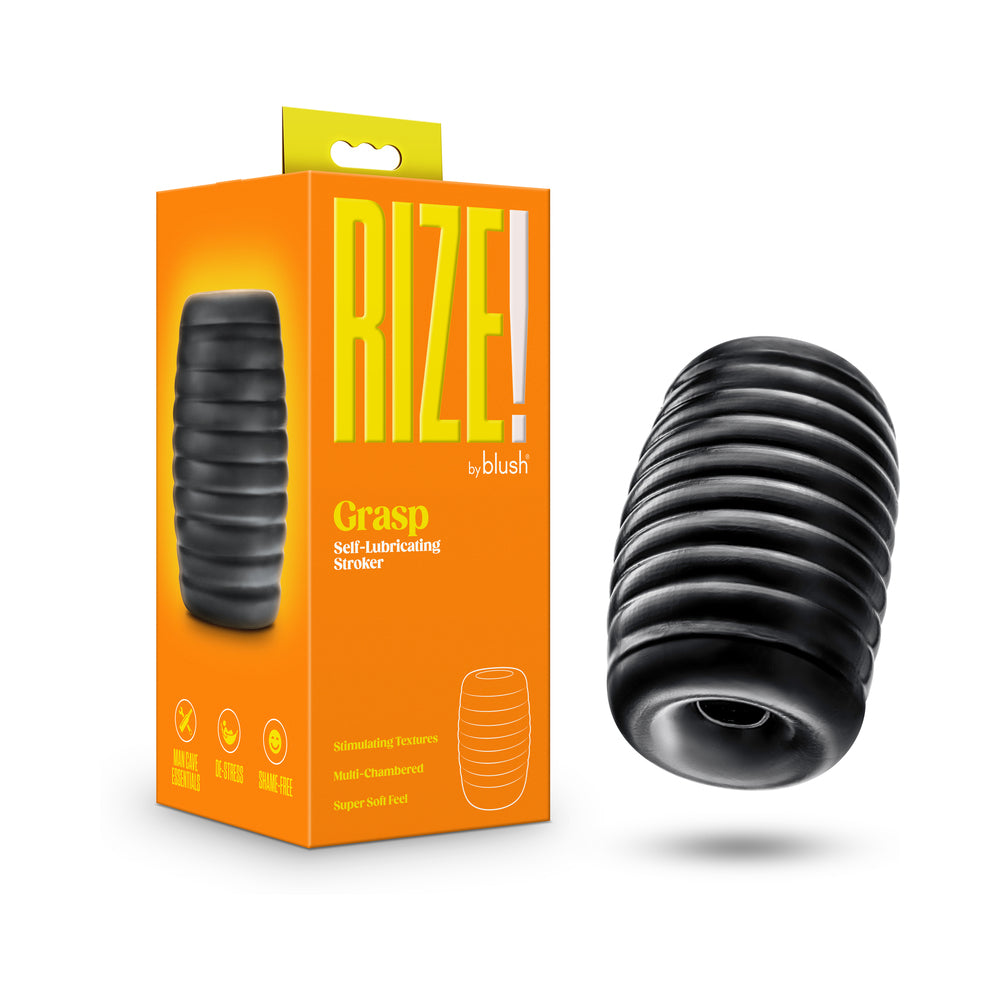 Rize Grasp Self-Lubricating Stroker Black black Rize Grasp deeply ribbed stroker sleeve beside orange retail box