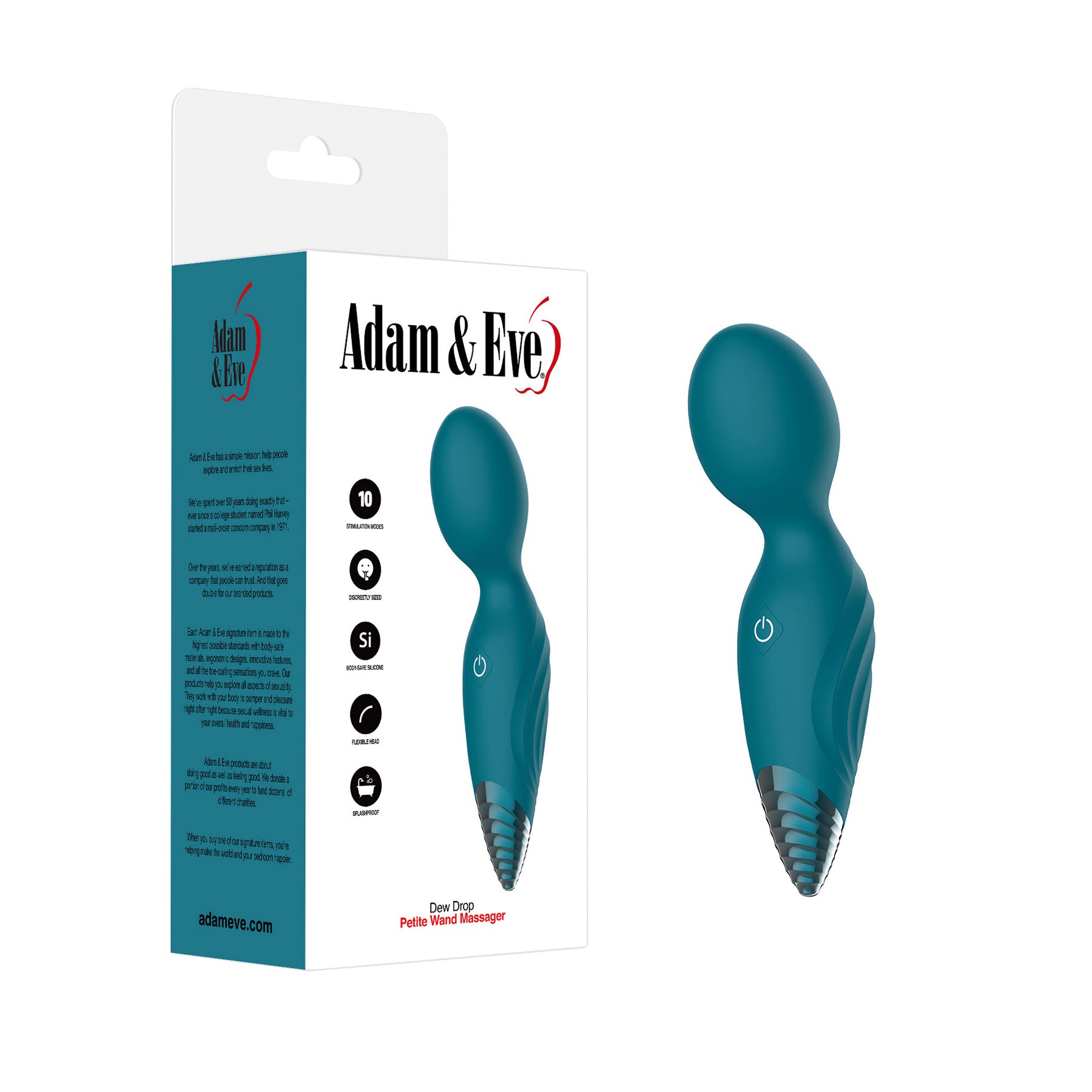 Adam & Eve Dew Drop Petite Wand Massager Adam and Eve Dew Drop teal petite wand beside white and teal retail box