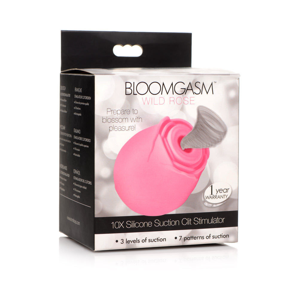 Bloomgasm 10X Wild Rose Silicone Suction Clit Stimulator Pink pink Bloomgasm Wild Rose silicone suction stimulator pictured on retail box