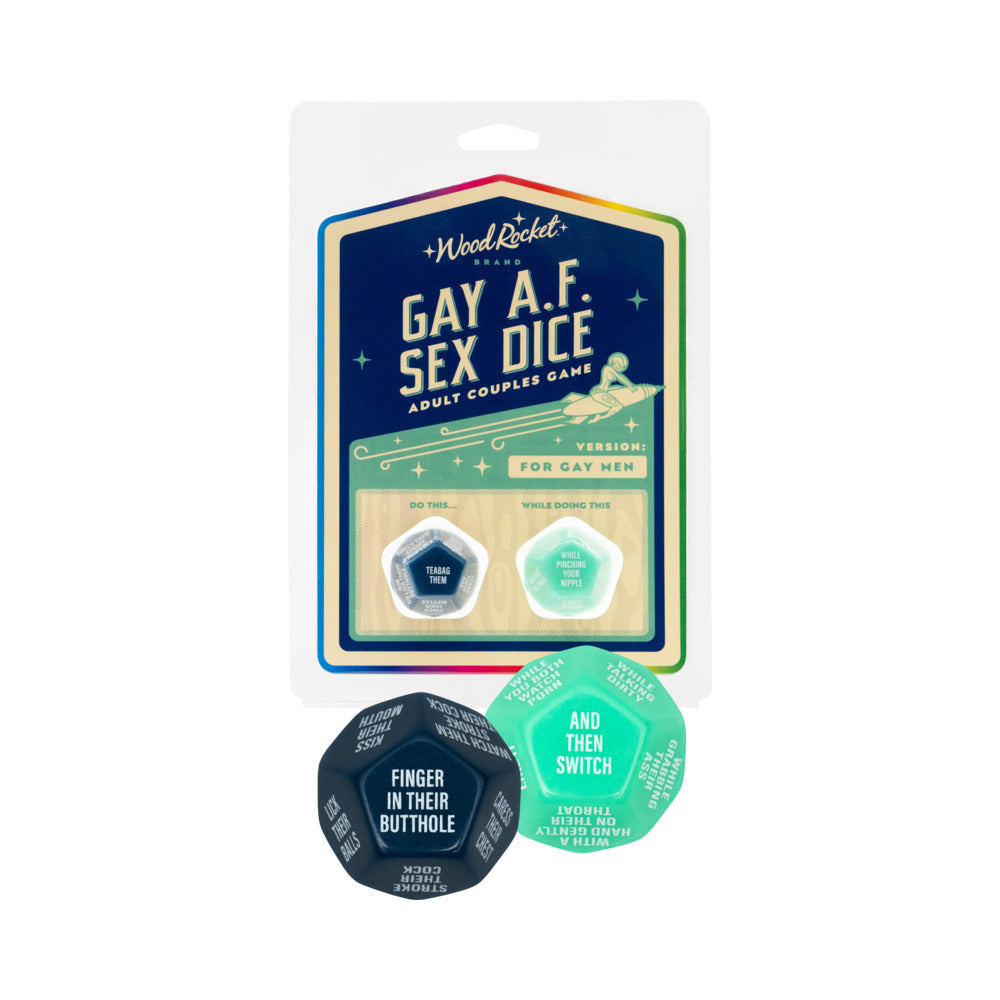 Gay AF Sex Dice: Gay Men Wood Rocket Gay AF Sex Dice blister card with navy and mint prompt dice