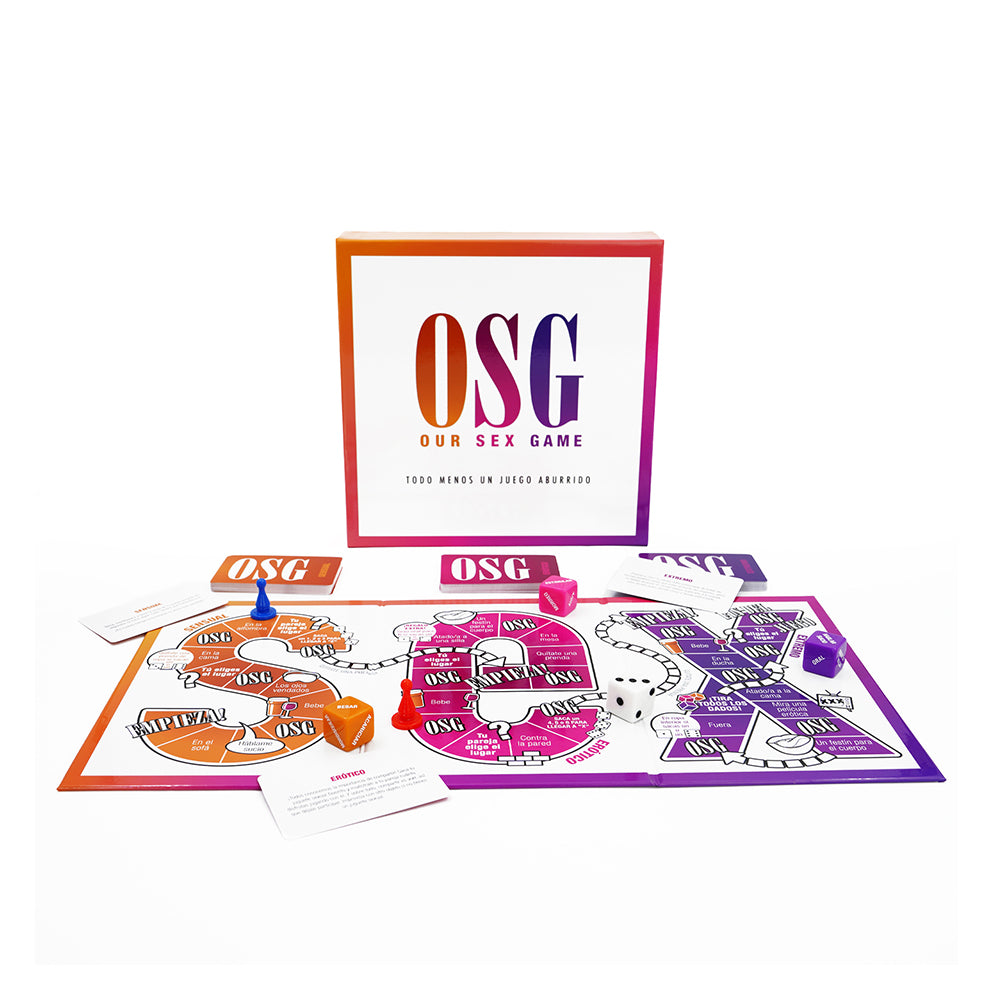 Our Sex Game (Spanish Language) Our Sex Game Spanish board with orange pink purple sections cards and dice