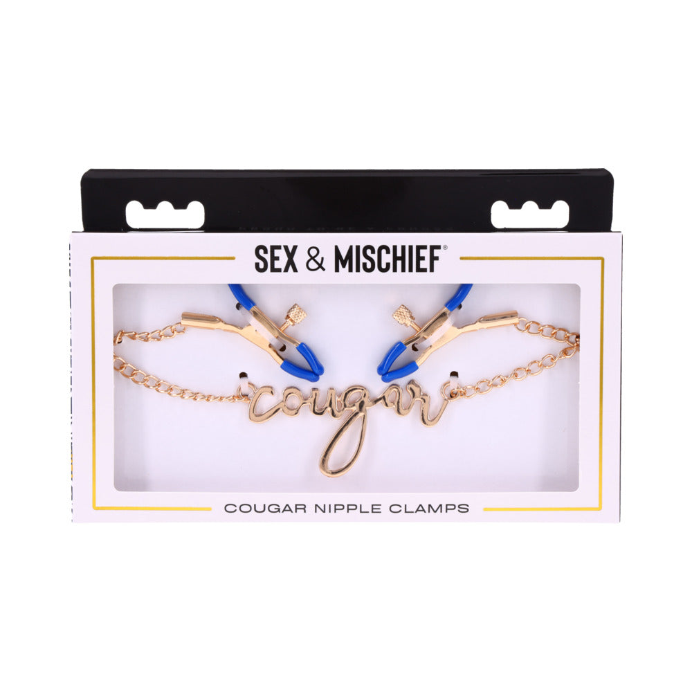 Sportsheets Sex & Mischief Cougar Nipple Clamps Sportsheets Cougar blue-tip nipple clamps gold chain pair inside white window box