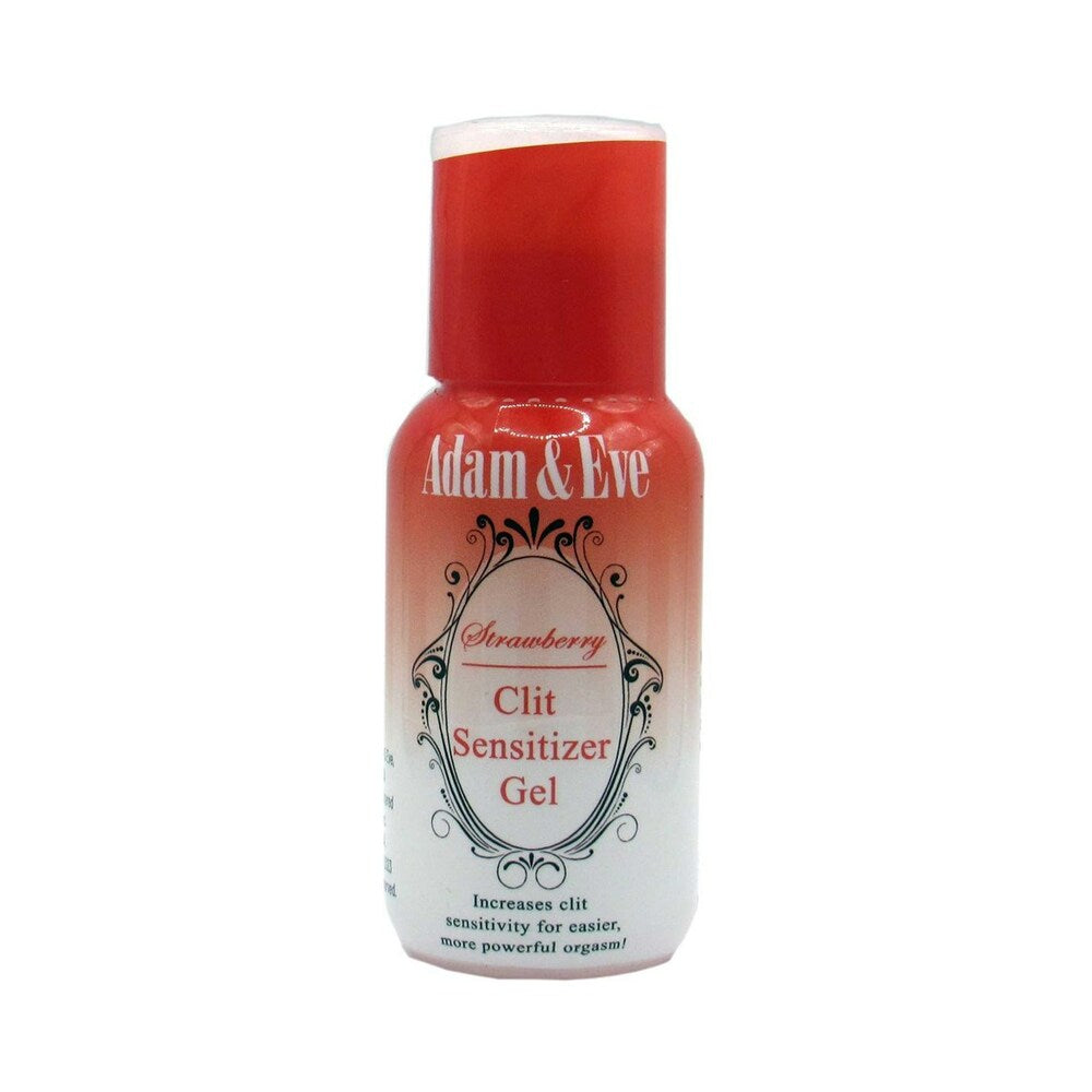 Adam & Eve Strawberry Clit Sensitizer 1 oz. Adam & Eve Strawberry clear sensitizer gel one-ounce bottle front view with red cap