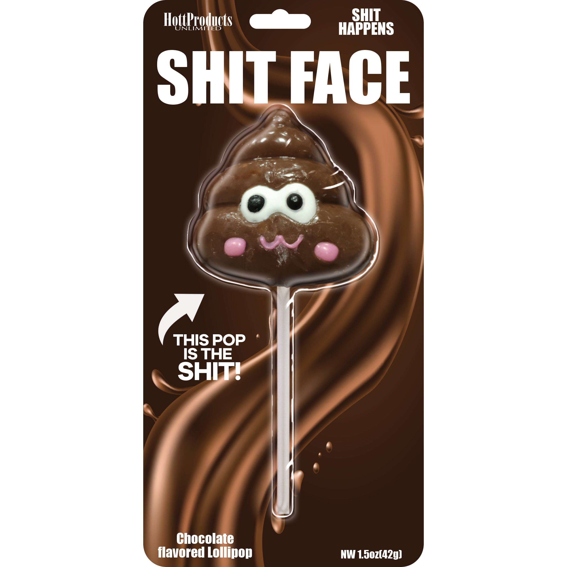 Shit Face Chocolate Flavored Poop Pop Shit Face chocolate poop-shaped lollipop on brown display card