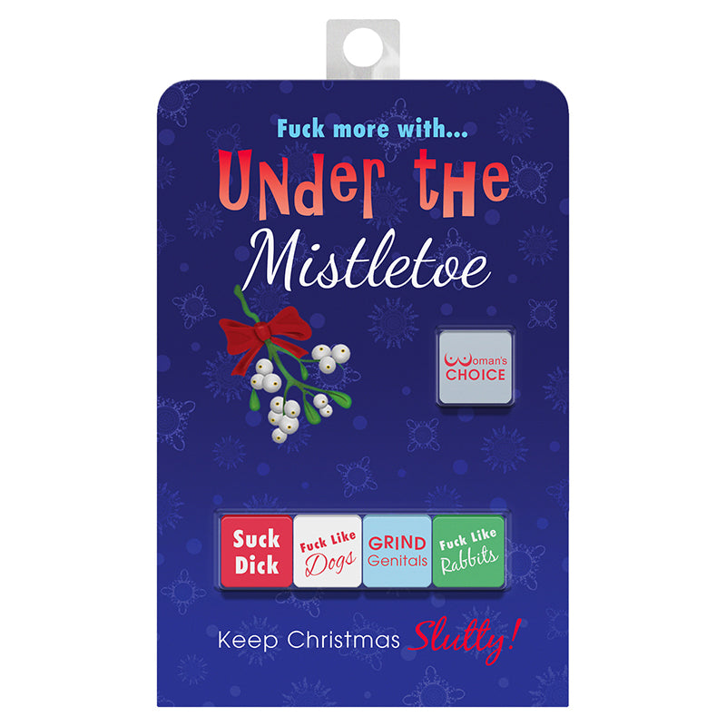 Under the Mistletoe Game blue Under the Mistletoe game card displaying five multicolor dice