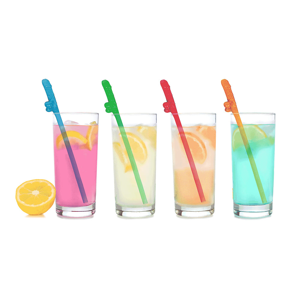 Super Fun Penis Party Straws 8-Pack Multicolor Blue green red and orange novelty party straws in drinks