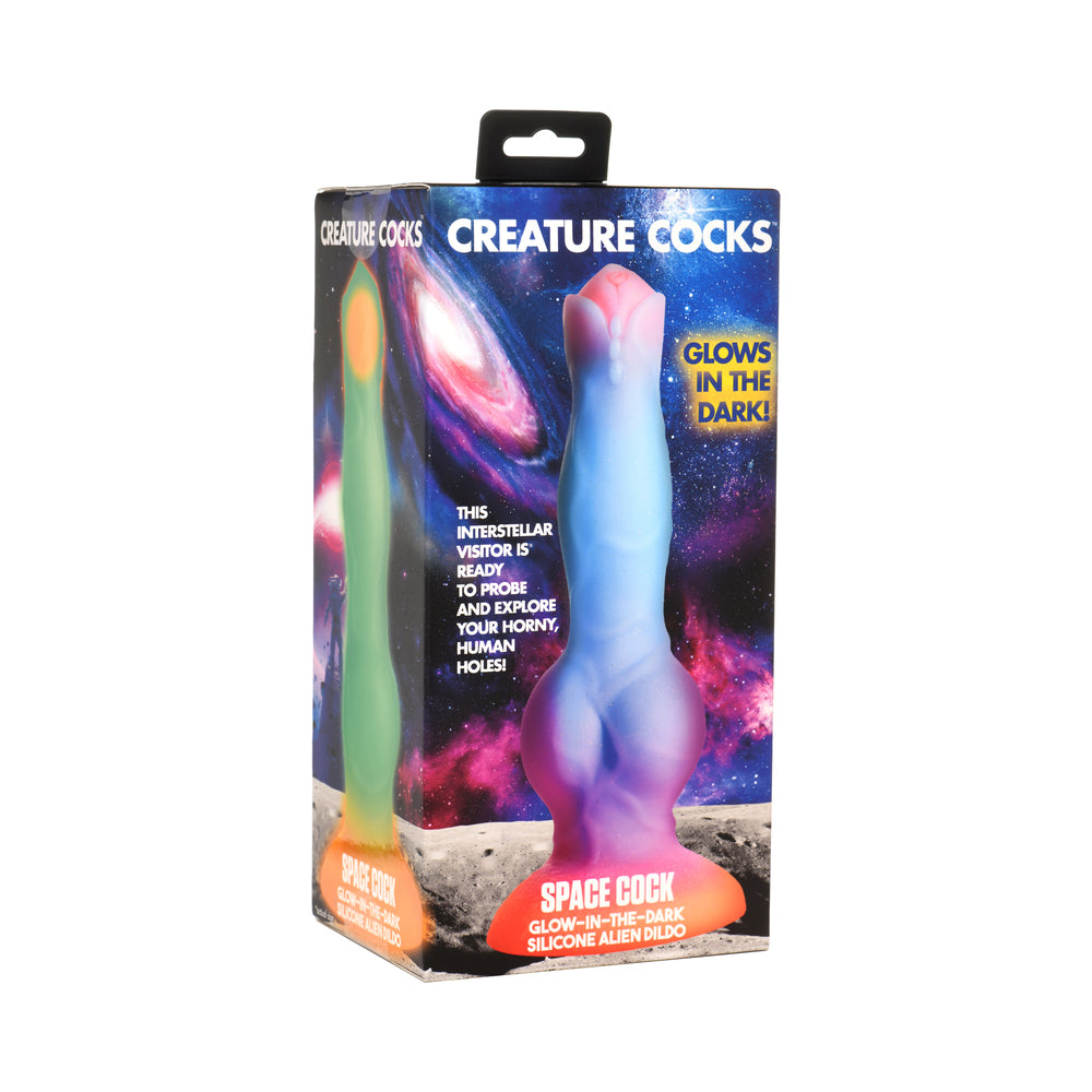Creature Cocks Space Cock Glow-in-the-Dark Silicone Alien Dildo multicolor Space Cock alien dildo with curved shaft displayed on box