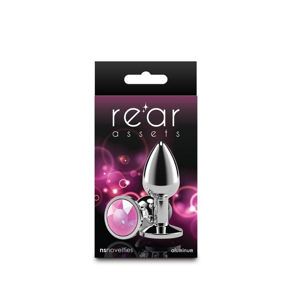 Rear Assets Silver Small Pink Gem Rear Assets small silver plug with pink gem in black box