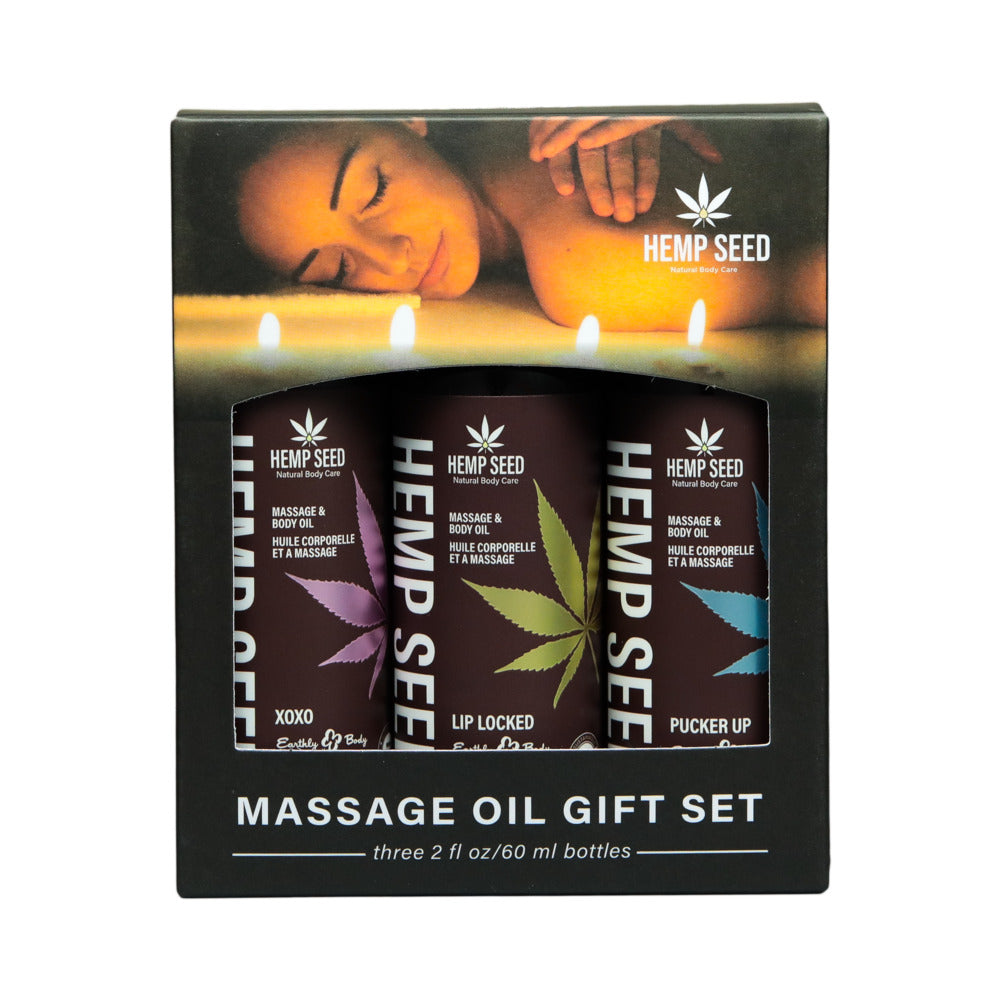 Earthly Body Hemp Seed Valentine Massage Oil Trio Gift Set: XOXO, Lip Locked, Pucker Up Front of Earthly Body Valentine oil trio black windowed gift box