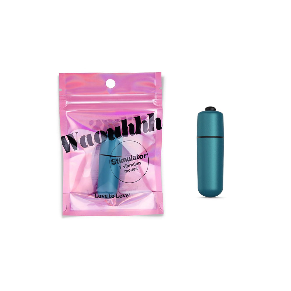 Love to Love Waouhhh Bullet Vibrator Teal Me Teal Waouhhh bullet beside pink hanging pouch