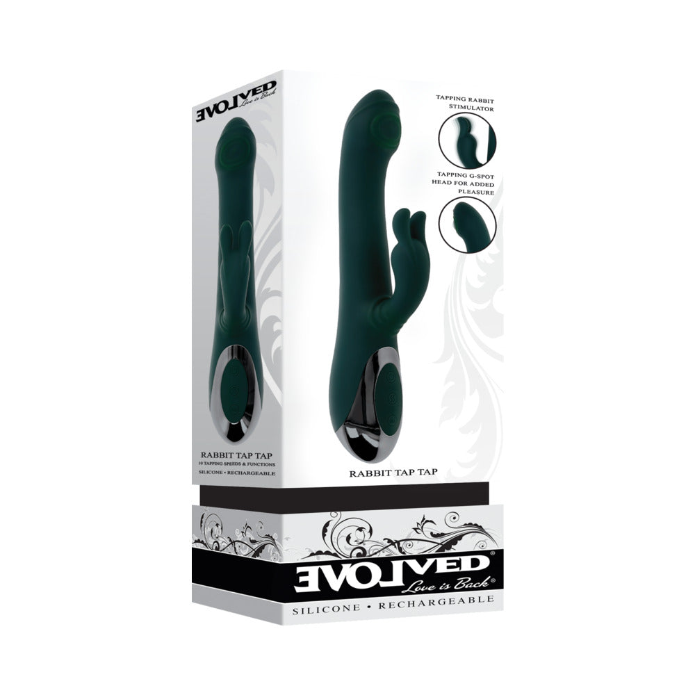 Evolved Rabbit Tap Tap Rechargeable Vibrating Dual Stimulator Silicone Green Evolved Rabbit Tap Tap green dual stimulator in tall white retail box