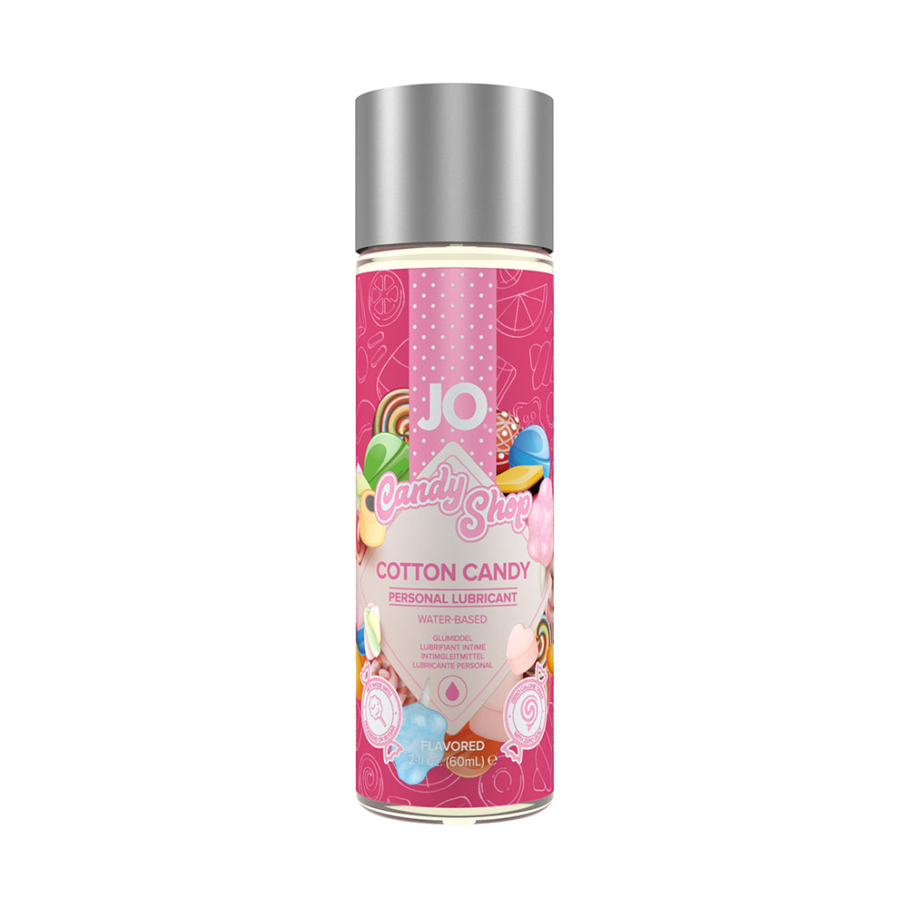 JO Candy Shop Cotton Candy Flavored Water-Based Lubricant 2 oz. JO Candy Shop Cotton Candy 2 oz lubricant front of clear bottle with pink patterned label, candy artwork and silver cap