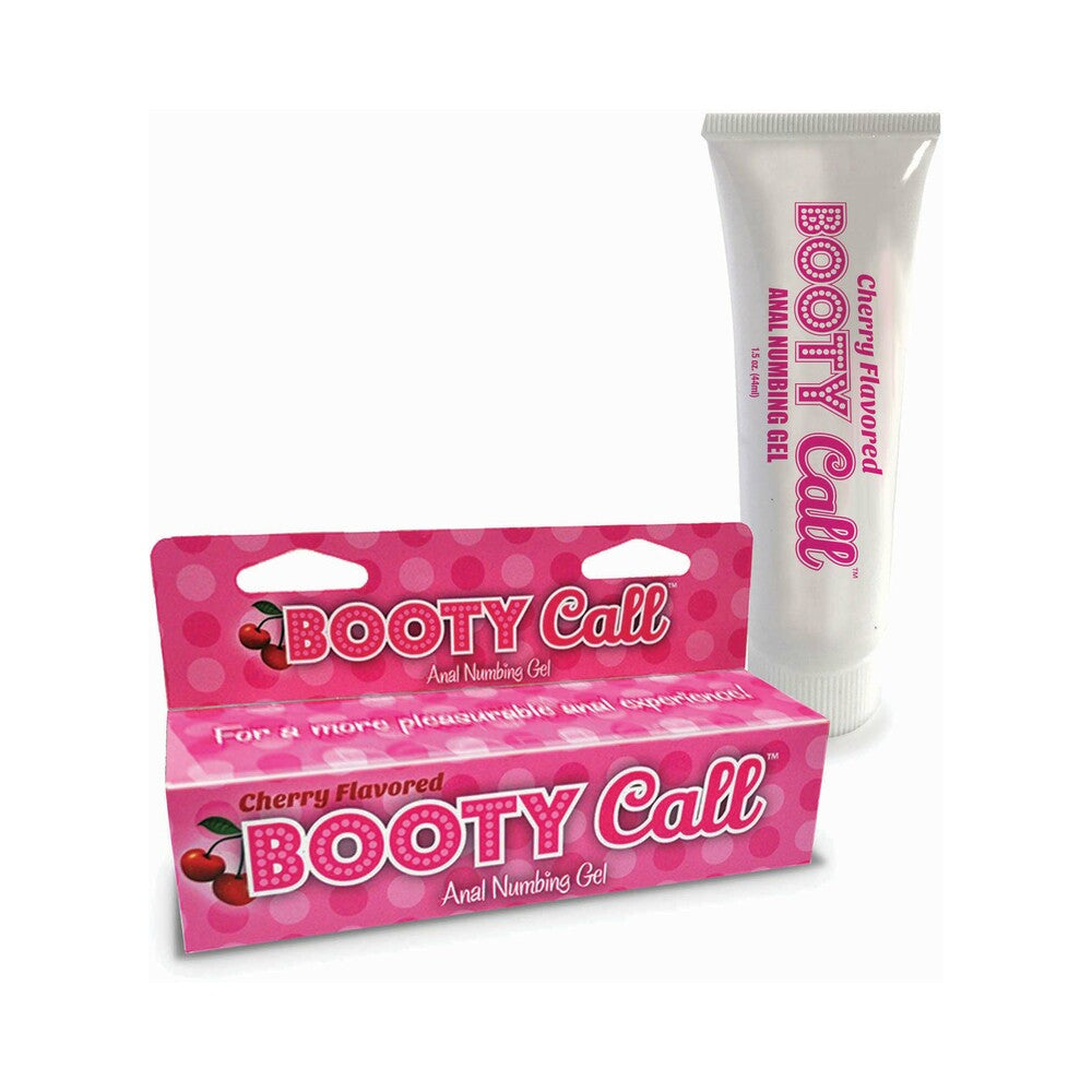 Booty Call Anal Numbing Gel Cherry 1.5 oz. Little Genie Booty Call Cherry Gel white squeeze tube beside pink carton