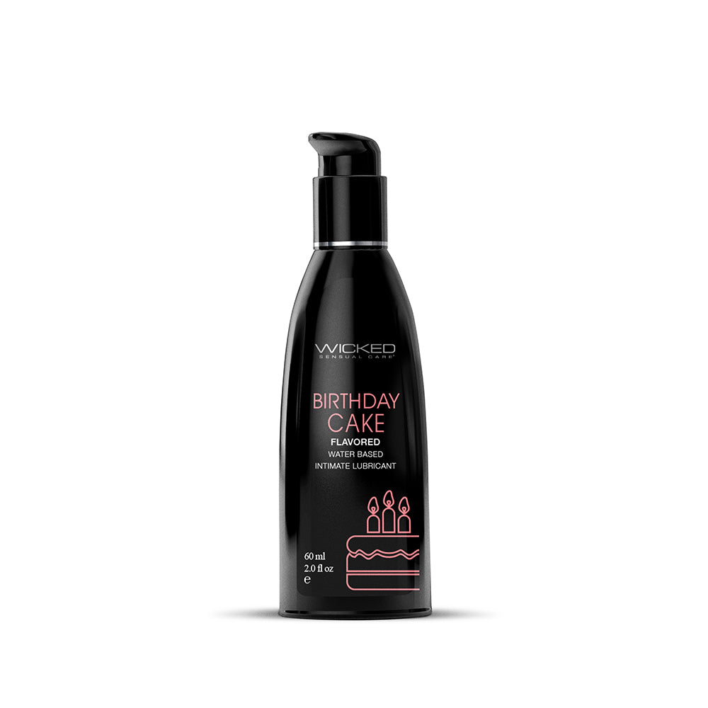 Wicked Aqua Birthday Cake Water-Based Lubricant 2 oz. Front of black Wicked Aqua Birthday Cake 2 oz pump bottle