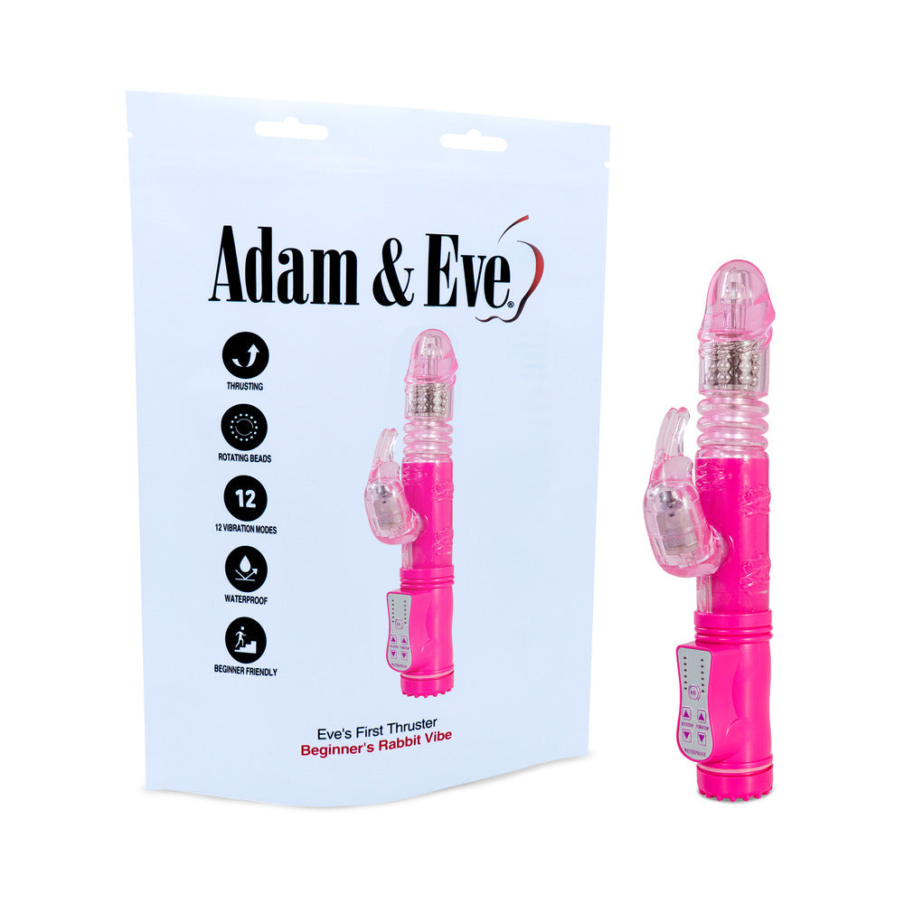 Adam & Eve Eve''s First Thruster Adam & Eve Eve's First pink rotating thruster upright beside white retail bag