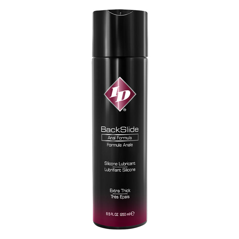 ID BackSlide Silicone Anal Lubricant 8.5oz Flip Cap Bottle ID BackSlide 8.5 oz wide black flip-cap bottle front