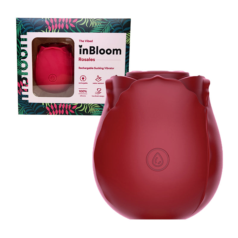 inBloom Rosales Sucking Vibrator Red inBloom Rosales rosebud stimulator beside patterned retail box