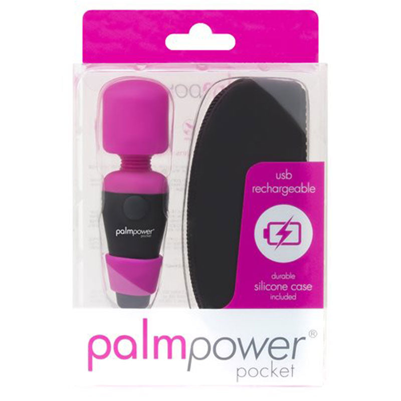 Palm Power Pocket USB Rechargeable BMS Palm Power Pocket magenta mini wand beside black double-ended case in clear hanging package