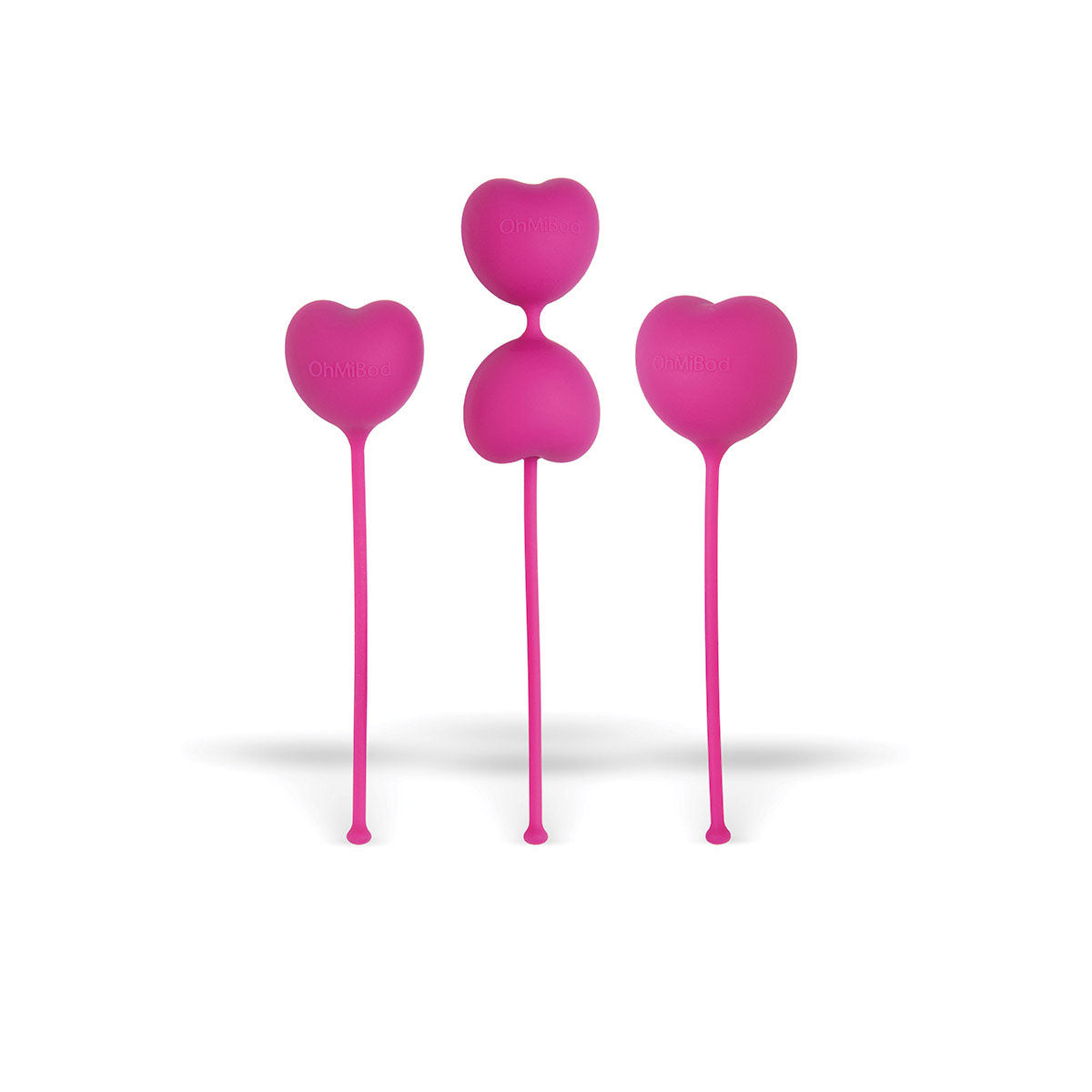 OhMiBod LoveLife Flex Kegel Exerciser 3-Piece Set Pink three pink silicone Kegel weights in graduated sizes with heart-shaped pull tabs