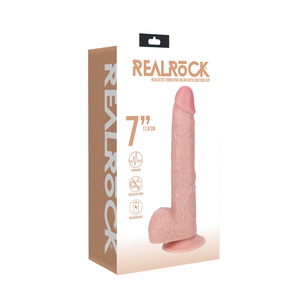 RealRock 7 in. Vibrating Cock with Balls Regular Straight Beige Shots RealRock beige 7-inch straight dildo product with balls pictured on retail box