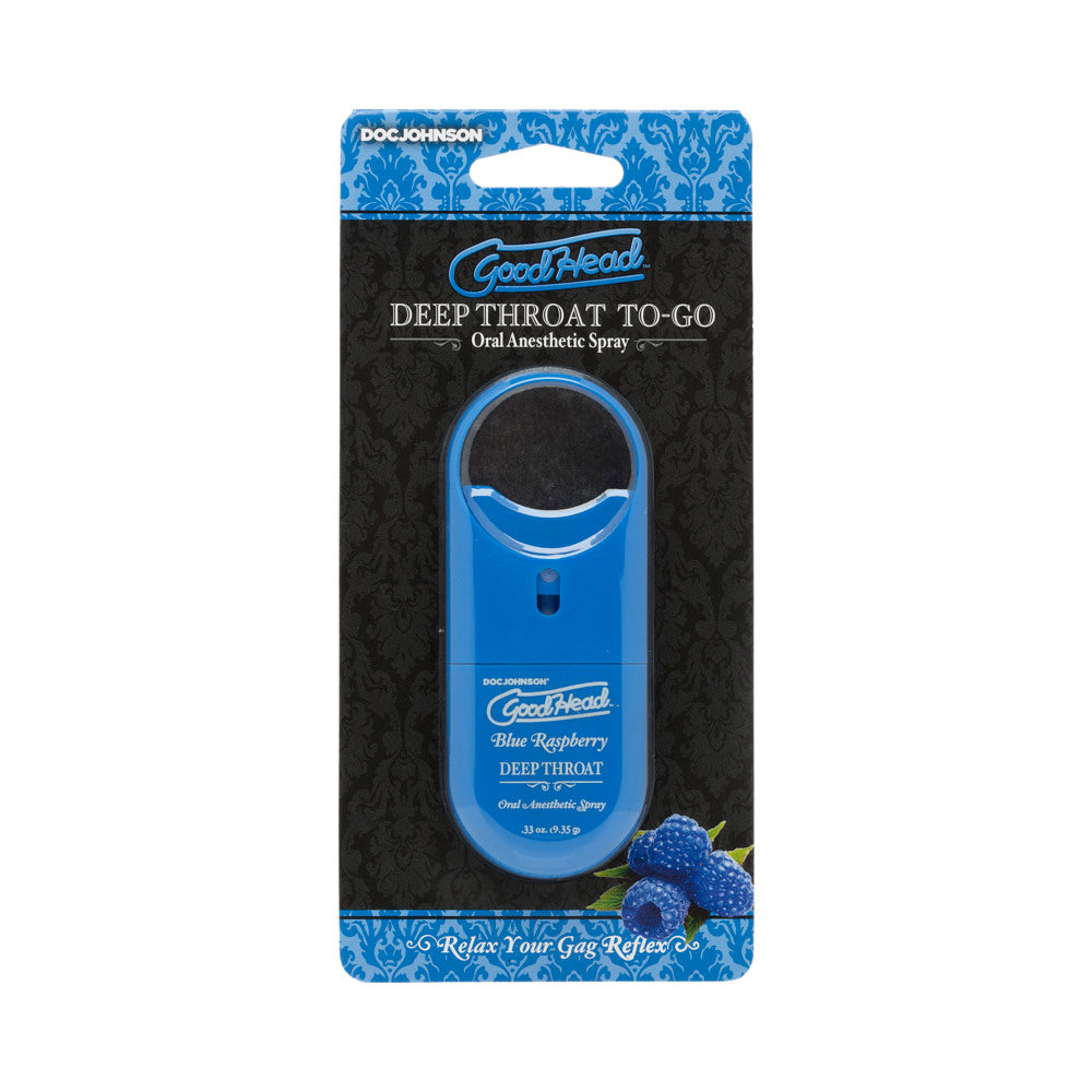 GoodHead Deep Throat Spray To-Go Blue Raspberry .33 oz Doc Johnson GoodHead Blue Raspberry To-Go spray inside black-and-blue retail card