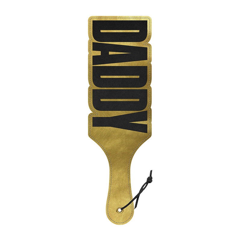 Wood Rocket Paddle Daddy Wood Rocket Daddy gold cutout faux leather paddle full front view with cutout lettering and wrist cord