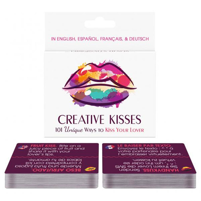 Creative Kisses Game Kheper Creative Kisses Card Game two illustrated card decks beside multicolor lip artwork