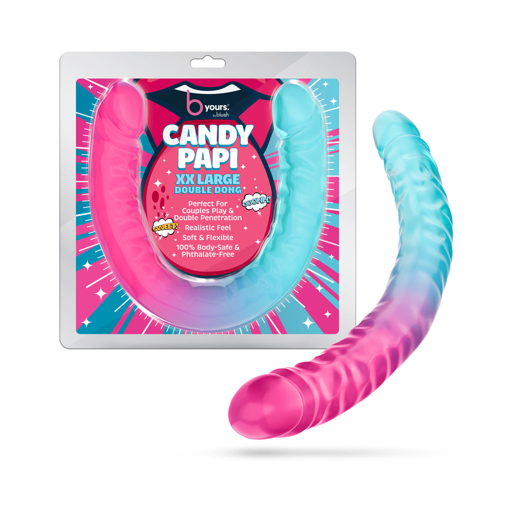 B Yours Candy Papi Blush B Yours Candy Papi gradient double-ended dildo curved beside its colorful retail package