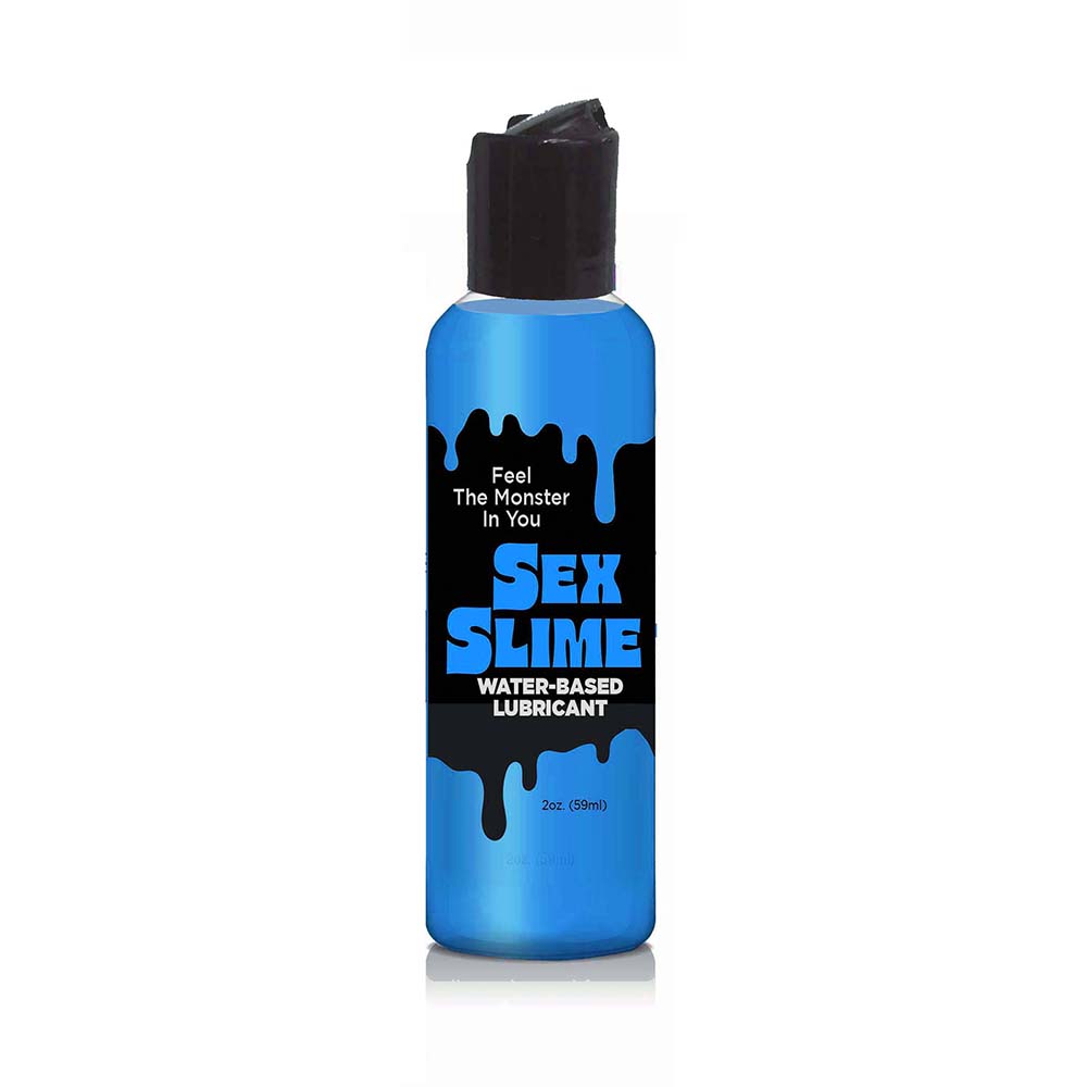 Sex Slime Water-Based Lubricant Blue 2 oz. Little Genie Sex Slime blue 2 oz water-based lubricant bottle with black disc-top cap