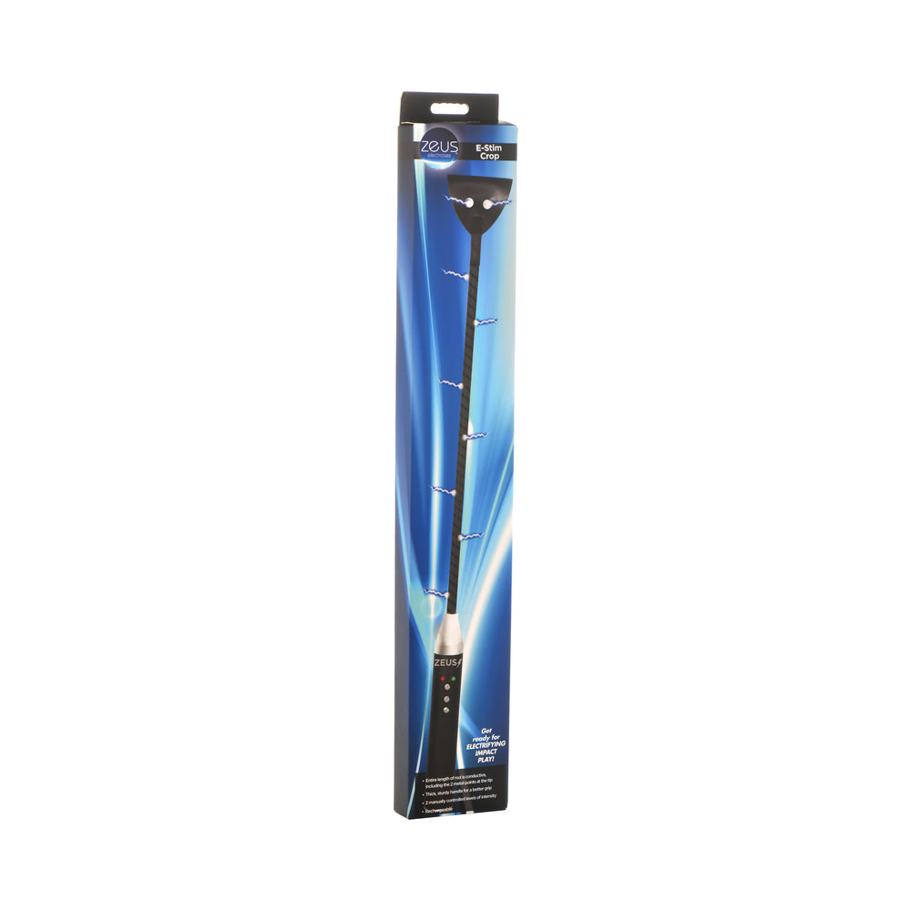 Zeus Electrosex E-Stim Crop Zeus black E-Stim Crop with long shaft and wide contact tip on blue box