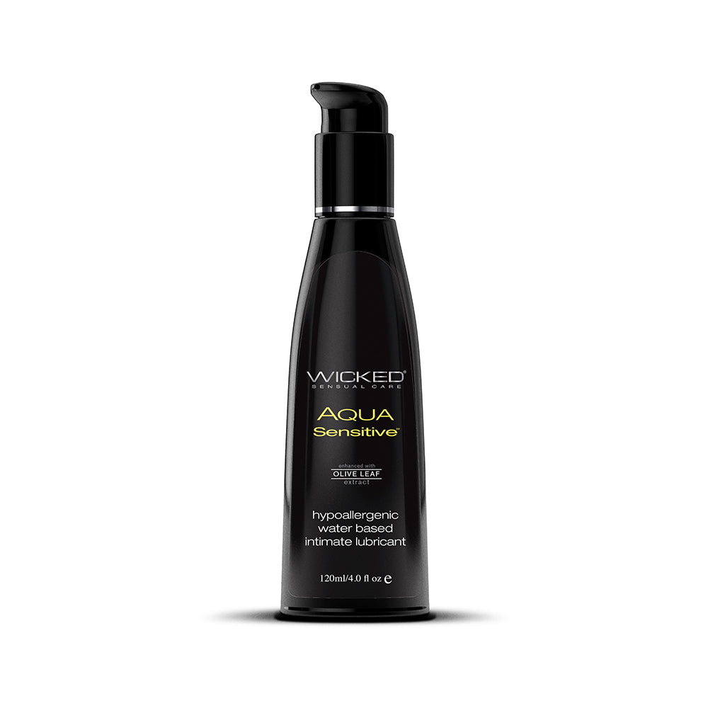 Wicked Aqua Sensitive Water-Based Lubricant 4 oz. Wicked Aqua Sensitive 4 oz black pump bottle front