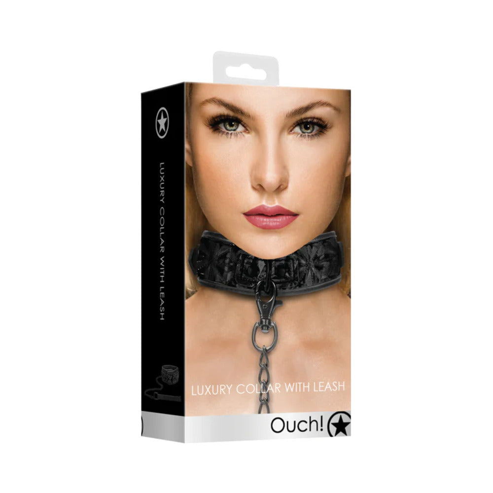 Ouch! Luxury Adjustable Collar With Leash Black Black Ouch diamond-pattern collar and chain leash retail box