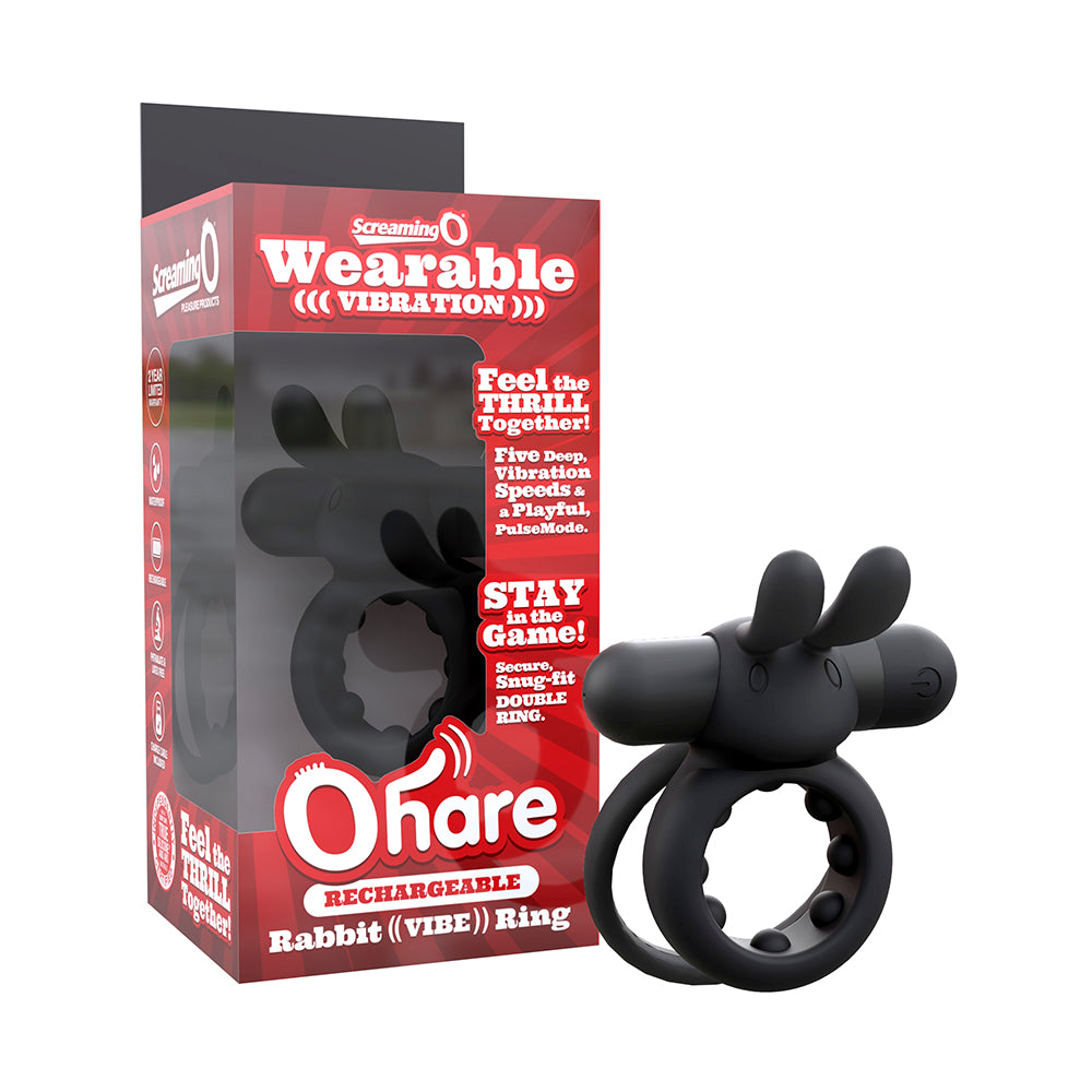 Screaming O Rechargeable Ohare Black Black rechargeable Ohare rabbit ring beside red box