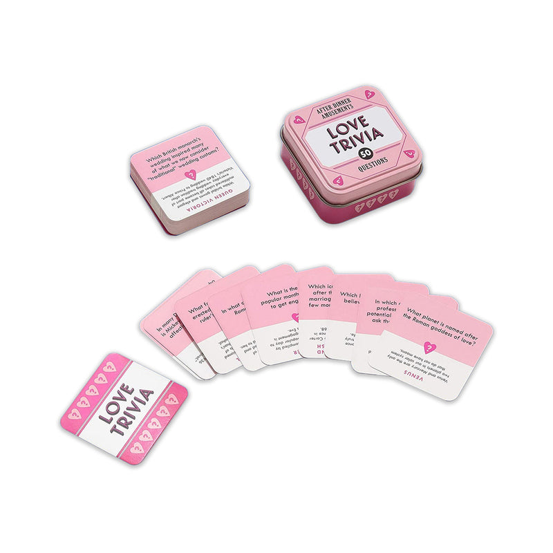 After Dinner Amusements Love Trivia 50 Questions Game pink Love Trivia tin with question cards arranged around it