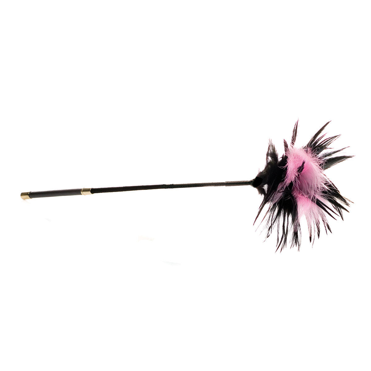 Sex Kitten Feather Tickler black tickler wand with gold bands and layered pink black spotted feathers
