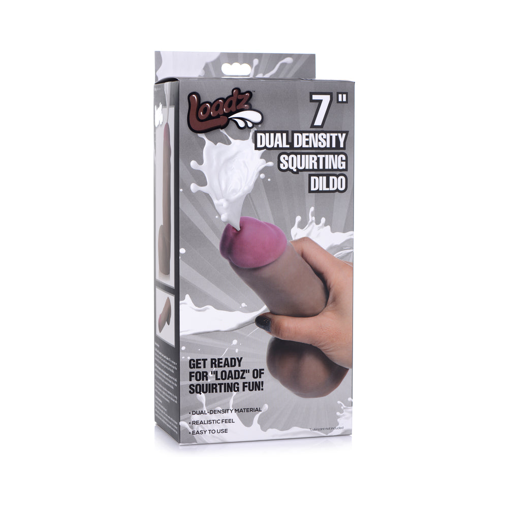 Loadz 7 in. Dual Density Squirting Dildo Dark dark brown Loadz seven-inch dual-density squirting dildo pictured on gray box