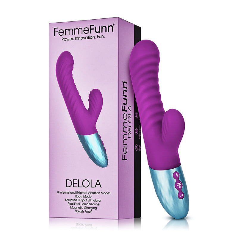 FemmeFunn Delola Rechargeable Silicone Dual Stimulation G-Spot Vibrator Purple Purple FemmeFunn Delola dual-stimulation vibrator beside retail box