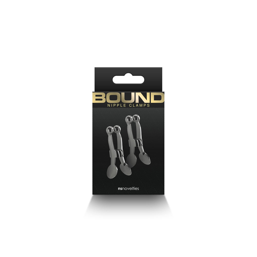 Bound Nipple Clamps C1 Gunmetal NS Novelties Bound C1 gunmetal weighted nipple clamps front retail package