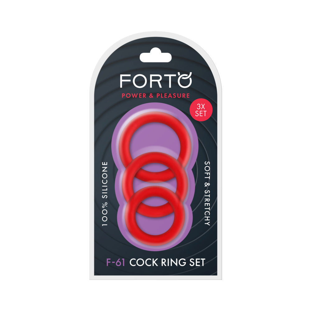 Forto F-61 3-Piece Silicone Cockring Set Red Forto F-61 three-piece red cock ring set in package