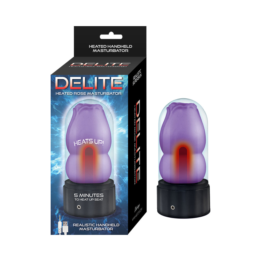 Delite Heated Rose Masturbator Purple purple TPE Delite rose-shaped masturbator on black heated base beside box