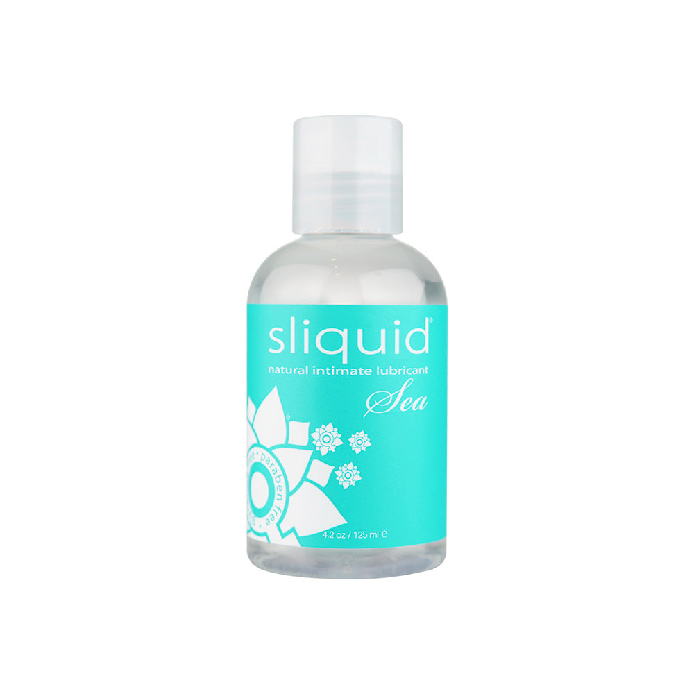 Sliquid Sea Water-Based Lubricant with Seaweed 4.2 oz. Clear 4.2 oz Sliquid Sea bottle with white cap and aqua botanical label