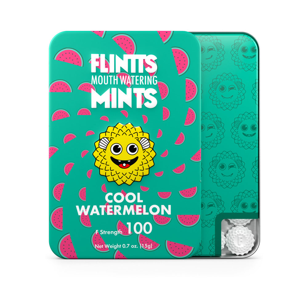Flintts Mints Cool Watermelon - F Strength 100 Teal and pink Flintts Cool Watermelon F-Strength 100 tin with melon slices