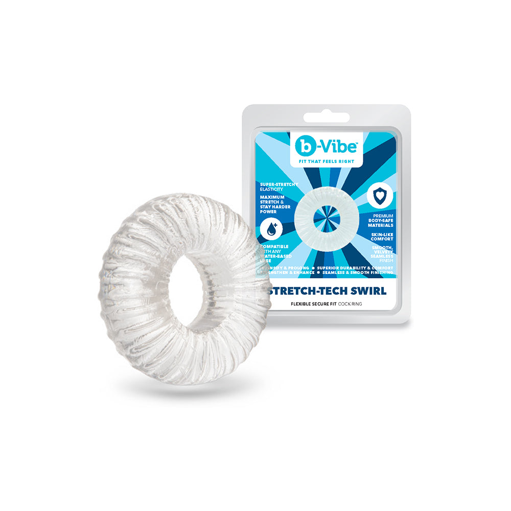 b-Vibe Stretch-Tech Swirl Ultra Stretchy C-Ring b-Vibe Stretch-Tech Swirl clear C-ring beside its blue-and-white package