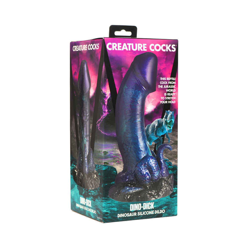 Creature Cocks Dino Dick Dinosaur Silicone Dildo L Creature Cocks Dino Dick purple-and-blue dinosaur dildo upright in teal prehistoric retail box