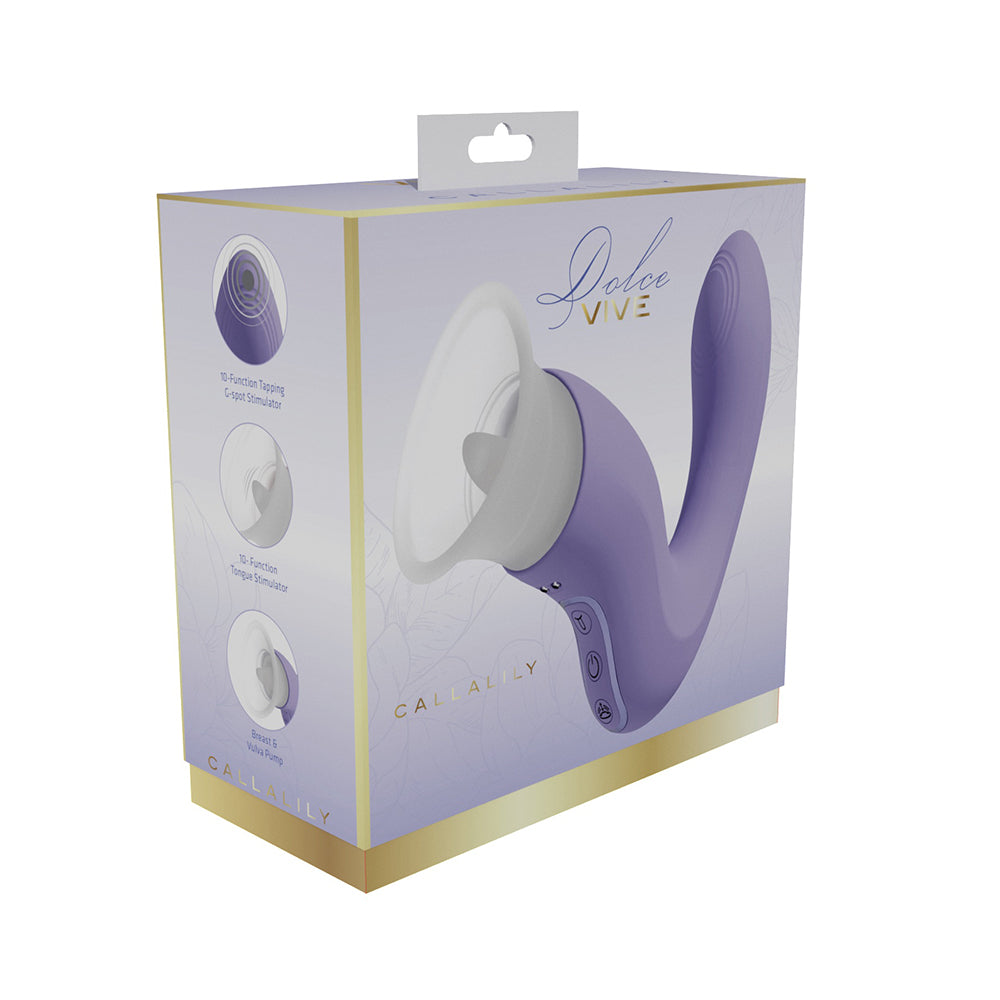 VIVE Dolce Callalily G-Spot Tapping with Tongue Stimulator & Breast/Vulva Pump VIVE Dolce Callalily light purple pump and G-spot toy displayed in the white and lavender retail box
