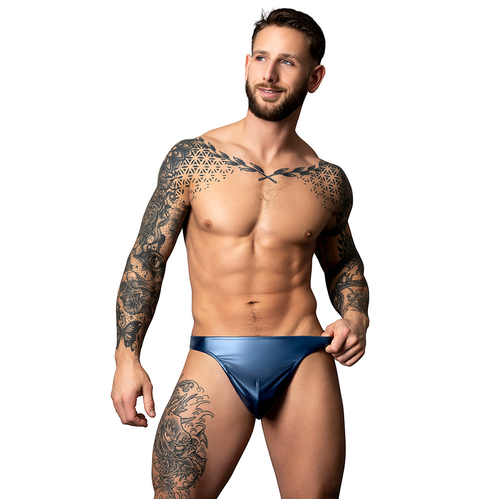 Male Power Liquid Onyx 2.0 Thong Blue S/M Male model wearing blue Liquid Onyx wet-look thong size S/M