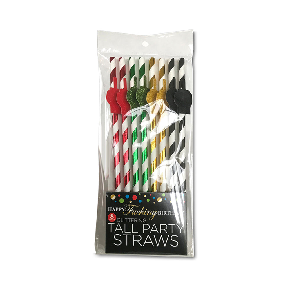 Happy Fucking Birthday Tall Party Straws 8-Pack Eight striped Happy Fucking Birthday paper straws with gold finger toppers