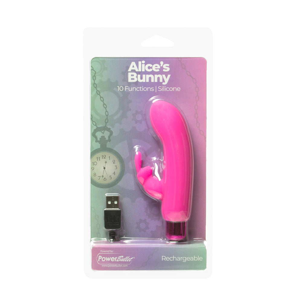 Powerbullet Alice''s Bunny Rechargeable Bullet Vibrator with Silicone Rabbit Sleeve Pink Pink Alice's Bunny vibrator inside purple blister package