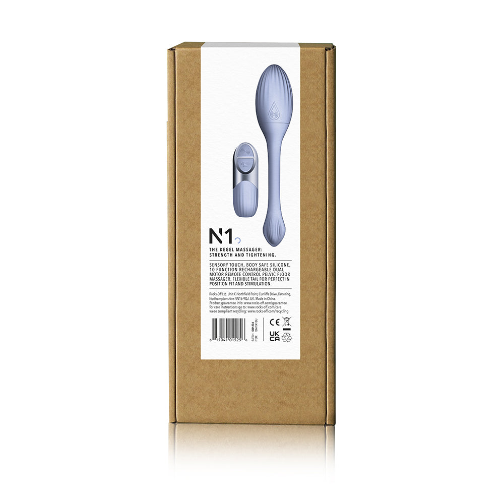 NIYA 1 Rechargeable Remote-Controlled Silicone Kegel Massager Cornflower Rocks-Off NIYA 1 cornflower silicone Kegel massager rear retail box panel
