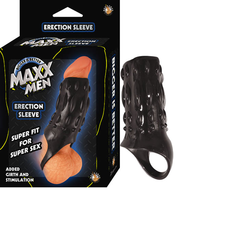 Maxx Men Erection Sleeve (Black) Nasstoys Maxx Men Black Sleeve black textured sleeve beside black retail box